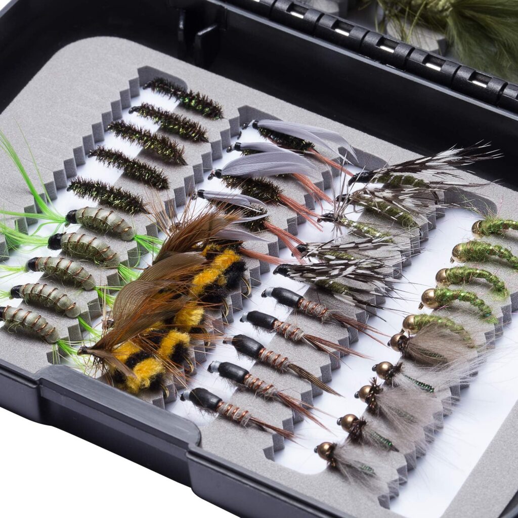 BASSDASH Fly Fishing Flies Kit Fly Assortment Trout Bass Fishing with Fly Box, 36/64/72/76/80/96pcs with Dry/Wet Flies, Nymphs, Streamers, Popper