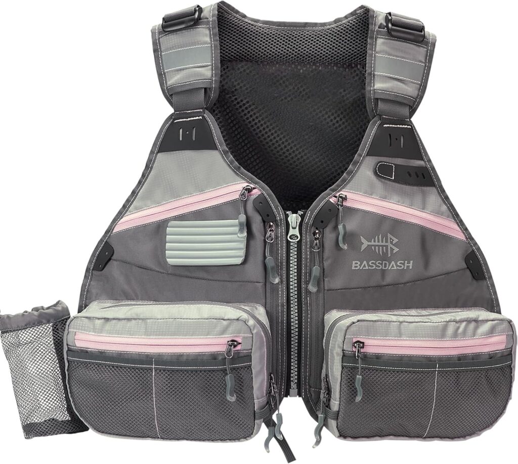 BASSDASH Fly Fishing Vest Adjustable Size with Detachable Water Bottle Holder for Men and Women FV07