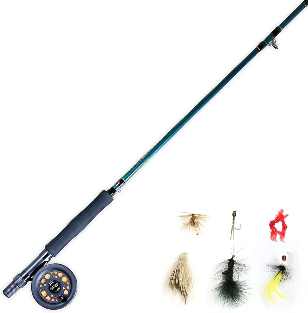 Martin Fly Fishing Complete Kit, 8-Foot 5/6-Weight 3-Piece Fly Fishing Pole, Size 5/6 Rim-Control Reel, Pre-spooled with Backing, Line and Leader, Includes Custom Fly Tackle Assortment, Brown/Green