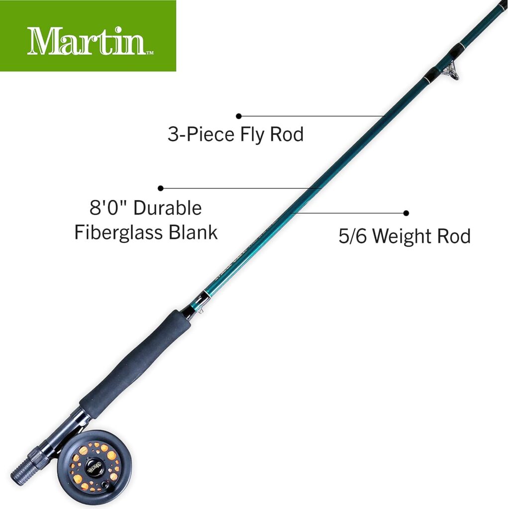 Martin Fly Fishing Complete Kit, 8-Foot 5/6-Weight 3-Piece Fly Fishing Pole, Size 5/6 Rim-Control Reel, Pre-spooled with Backing, Line and Leader, Includes Custom Fly Tackle Assortment, Brown/Green