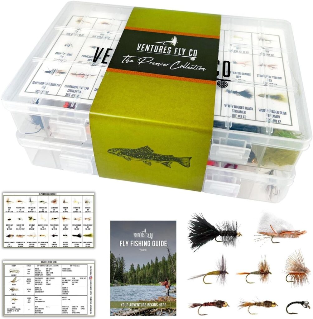 Ventures Fly Co. | 122 Premium Hand Tied Fly Fishing Flies Assortment | Two Fly Boxes Included | Dry, Wet, Nymphs, Streamers, Wooly Buggers, Terrestrials | Trout, Bass Lure Set, Kit, Gift