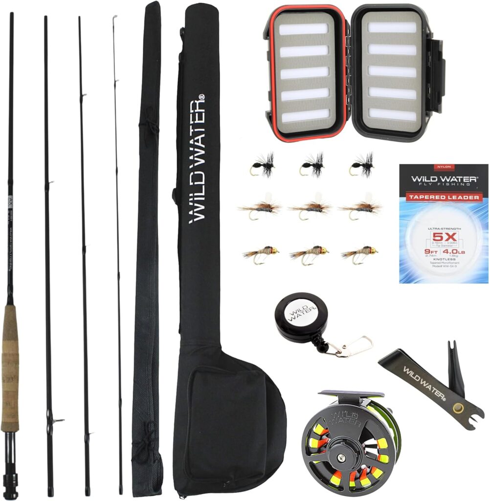 Wild Water Standard Fly Fishing Combo Starter Kit, 5 or 6 Weight 9 Foot Fly Rod, 4-Piece Graphite Rod with Cork Handle, Accessories, Die Cast Aluminum Reel, Carrying Case, Fly Box Case Fishing Flies