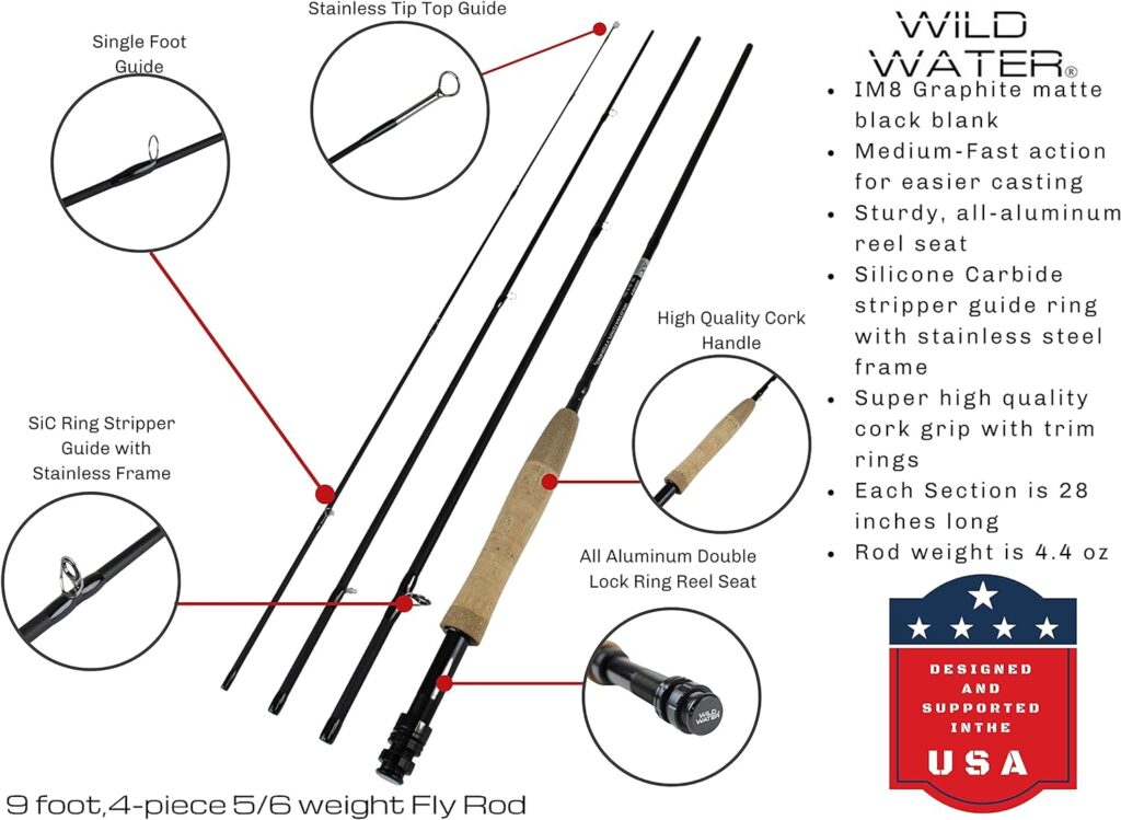 Wild Water Standard Fly Fishing Combo Starter Kit, 5 or 6 Weight 9 Foot Fly Rod, 4-Piece Graphite Rod with Cork Handle, Accessories, Die Cast Aluminum Reel, Carrying Case, Fly Box Case Fishing Flies