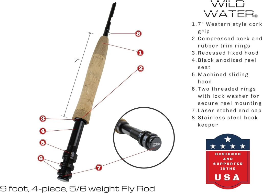 Wild Water Standard Fly Fishing Combo Starter Kit, 5 or 6 Weight 9 Foot Fly Rod, 4-Piece Graphite Rod with Cork Handle, Accessories, Die Cast Aluminum Reel, Carrying Case, Fly Box Case Fishing Flies