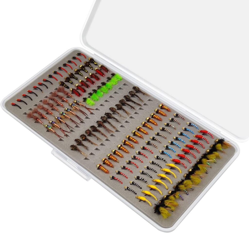 Fly Fishing Flies Kit, Premium Hand-Tied Fly Fishing Flies Assortment, Dry/Wet Flies, Nymphs Scud Streamers Flies with Portable Fly Fishing Box for Trout Fishing Lures